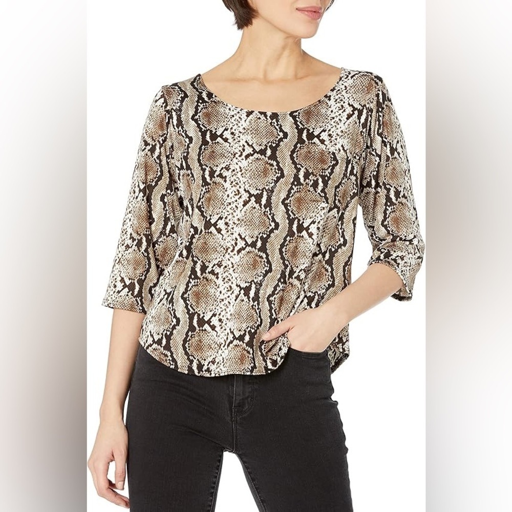 Notations Brown and Beige Snake Patterned 3/4 Sleeve Blouse Top Size XL